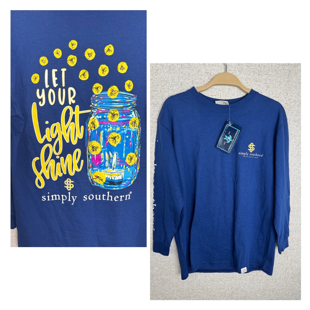 Simply Southern Let Your Light Shine Firefly Long Sleeve Tee Youth M Navy NWT